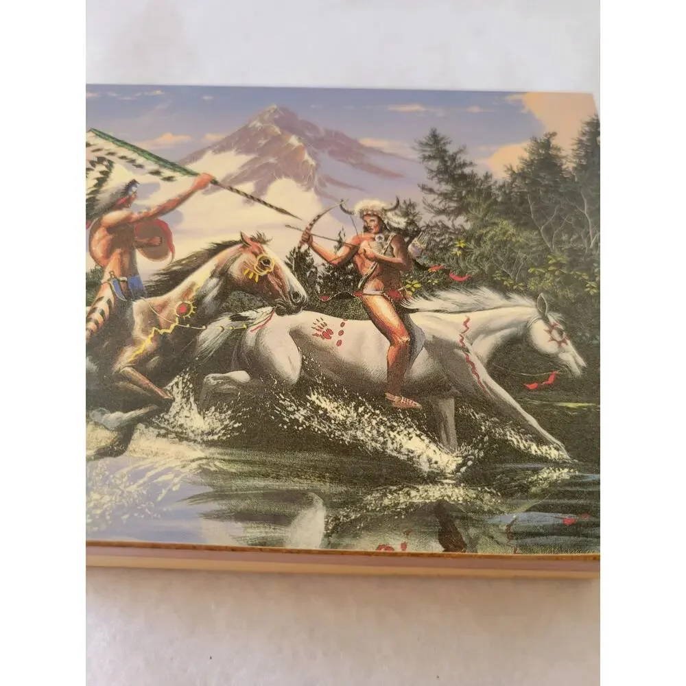 Vtg Wood Box Native American Warriors Horses Las Vegas Hinged Trinket‎ holder